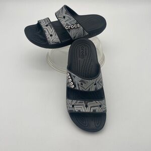 Crocs Silver Disco Star Metallic Patterned Dual Strap Slides Sandals‎ Size 7W